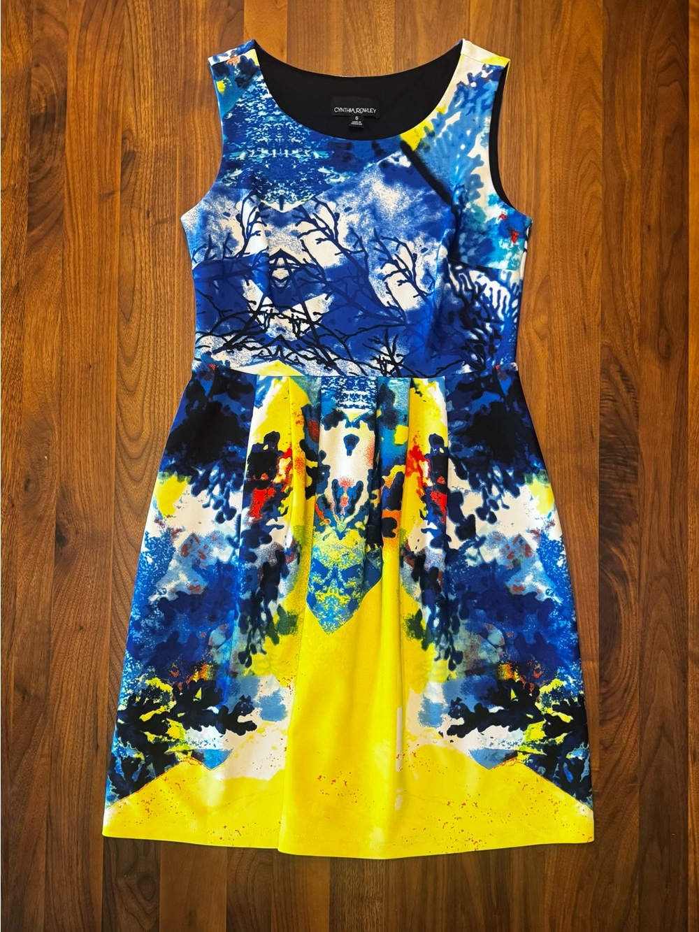 Cynthia Rowley Blue, Yellow & Black Abstract Print Fit-and-Flare Dress